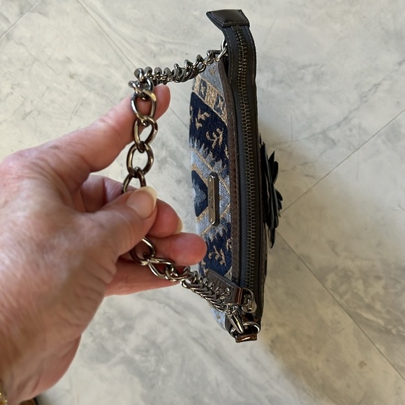 Sharif  Tapestry Satchel  navy/gold expanding bottom   velvety    gunmetal  NWOT - Picture 8 of 17